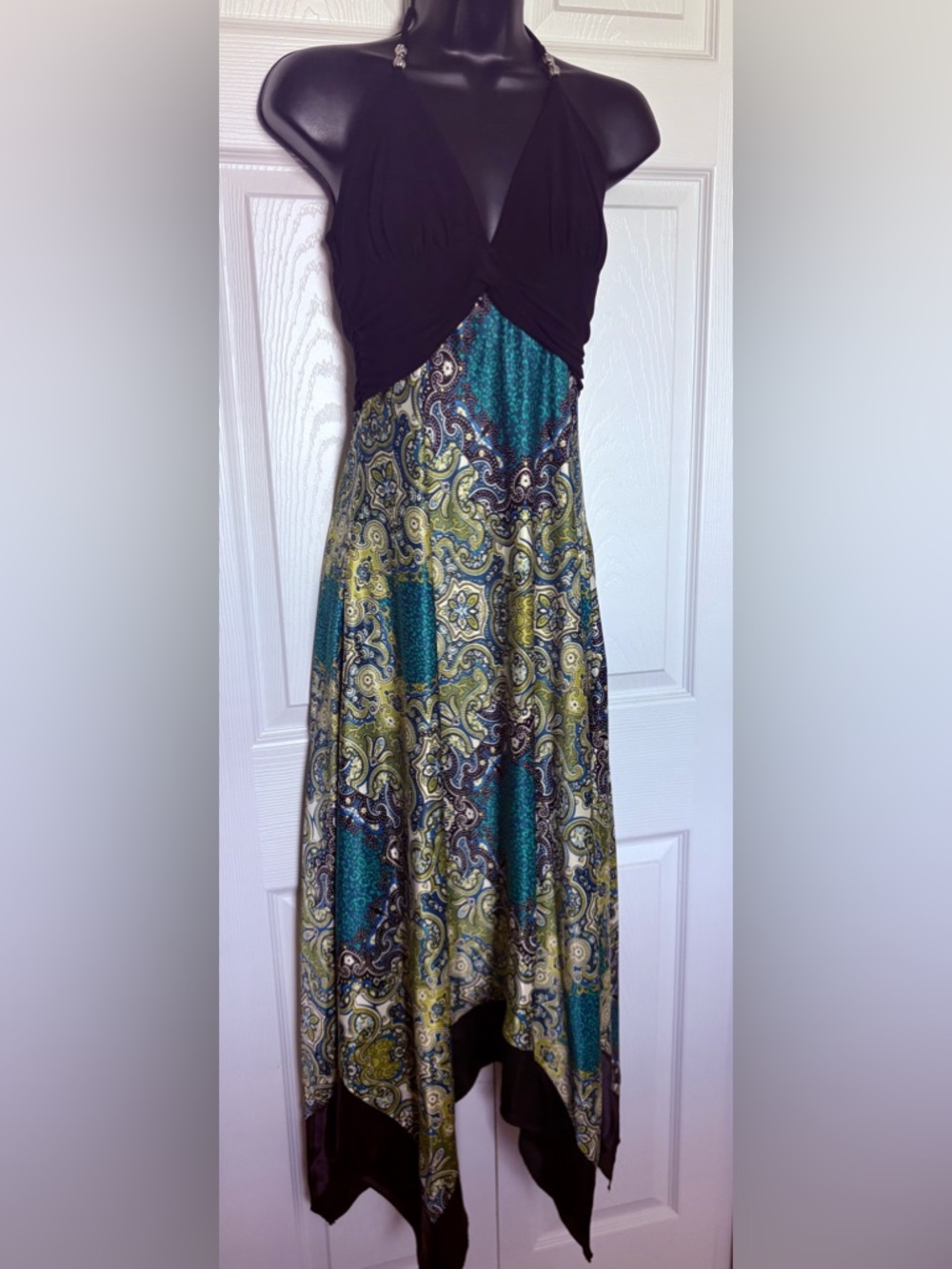 Speechless Black & Teal Paisley Halter Handkerchief Maxi Dress